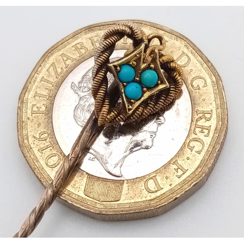 312 - A Victorian 15k gold turquoise-set, heart stick pin. Length 50mm. Weight 1.8g