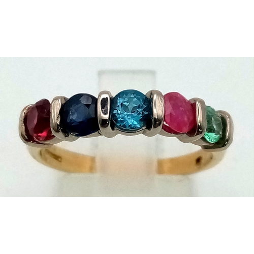 556 - An 18 K yellow gold ring with five round cut gems: Garnet, sapphire, topaz, ruby and emerald. Ring s... 