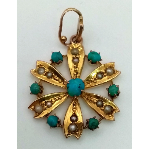 669 - A High Karat Gold Victorian Turquoise and Seed Pearl Circular Pendant. 20mm diameter. 1.56g total we... 