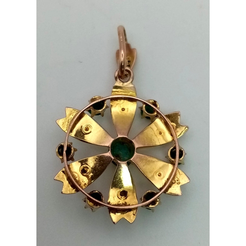 669 - A High Karat Gold Victorian Turquoise and Seed Pearl Circular Pendant. 20mm diameter. 1.56g total we... 