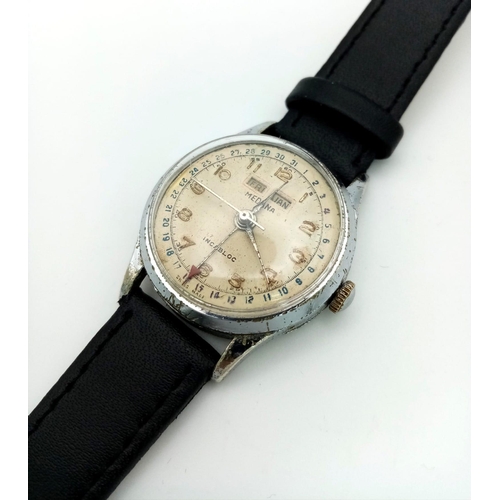 724 - A Rare Vintage Medana Incabloc Watch.  Case - 30mm. Slightly discoloured dial with day/date window a... 