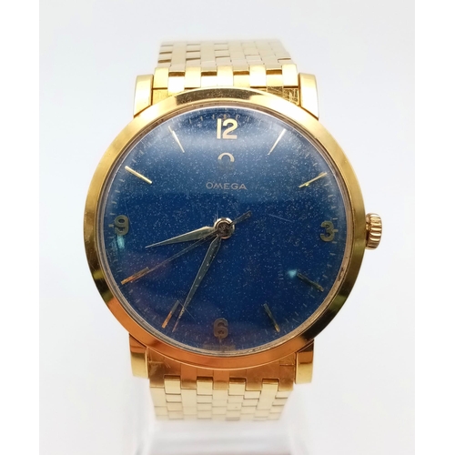 798 - A VINTAGE 18K GOLD OMEGA WITH RARE BLUE JEANS FACE, MANUAL MOVEMENT,GOOD CONDITION FWO.