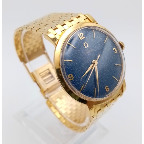 798 - A VINTAGE 18K GOLD OMEGA WITH RARE BLUE JEANS FACE, MANUAL MOVEMENT,GOOD CONDITION FWO.