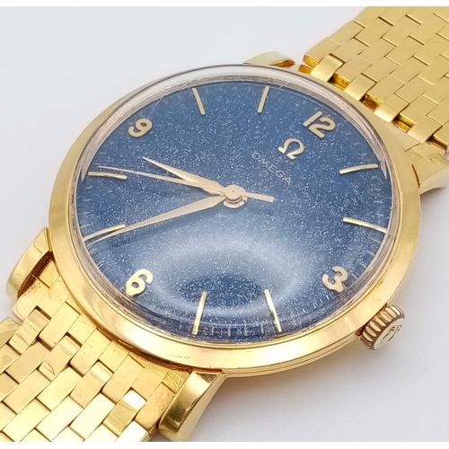 798 - A VINTAGE 18K GOLD OMEGA WITH RARE BLUE JEANS FACE, MANUAL MOVEMENT,GOOD CONDITION FWO.