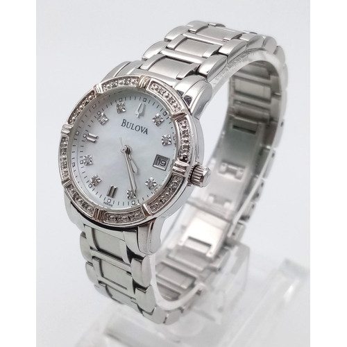 829 - A BULOVA LADIES WATCH WITH DIAMOND NUMERALS AND BEZEL.  30mm