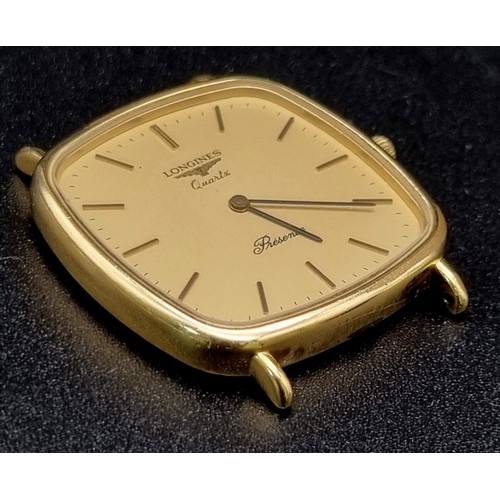 594 - A LONGINE GOLD PLATED QUARTZ WATCH  , NEEDS LUGS AND STRAP,  30 X 30mm