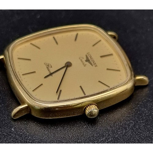 594 - A LONGINE GOLD PLATED QUARTZ WATCH  , NEEDS LUGS AND STRAP,  30 X 30mm