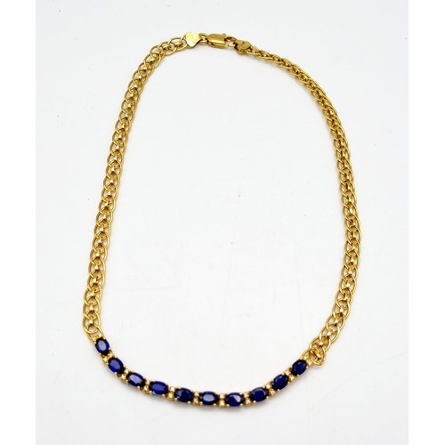 163 - An 18 K yellow gold necklace with wonderful oval cut royal blue sapphires and diamonds. Length: 36 c... 