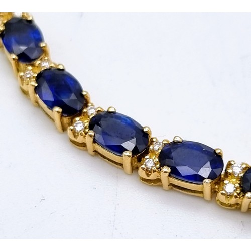 163 - An 18 K yellow gold necklace with wonderful oval cut royal blue sapphires and diamonds. Length: 36 c... 