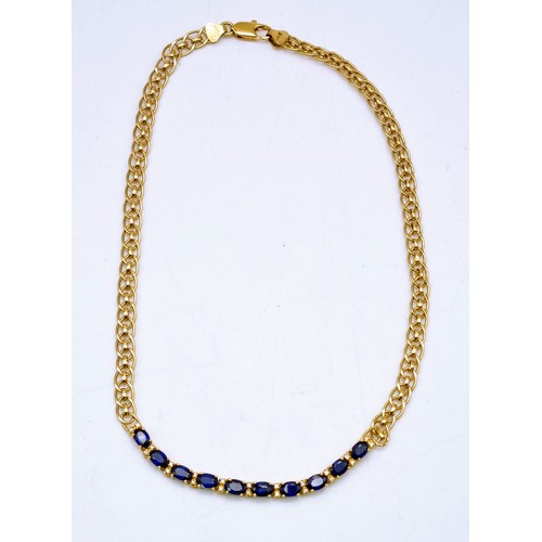 163 - An 18 K yellow gold necklace with wonderful oval cut royal blue sapphires and diamonds. Length: 36 c... 