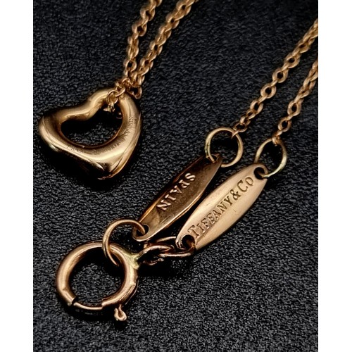 237 - Tiffany & Co 18ct rose gold heart pendant and chain. 1.6g in weight.