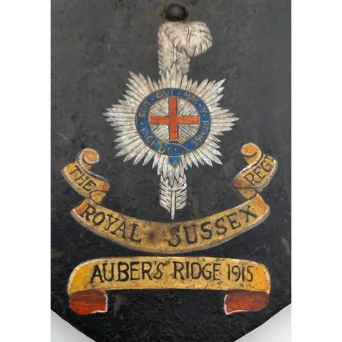 680 - WW1 German Spade with a post War British Royal Sussex Regiment Memorial to Auber’s Ridge 1915.