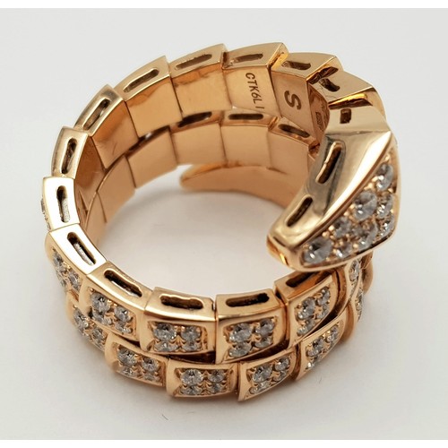 687 - Bvlgari Serpenti Viper Two-Coil Ring. 18k Rose Gold, Set with full pave diamonds. Approx. 3ct brilli... 