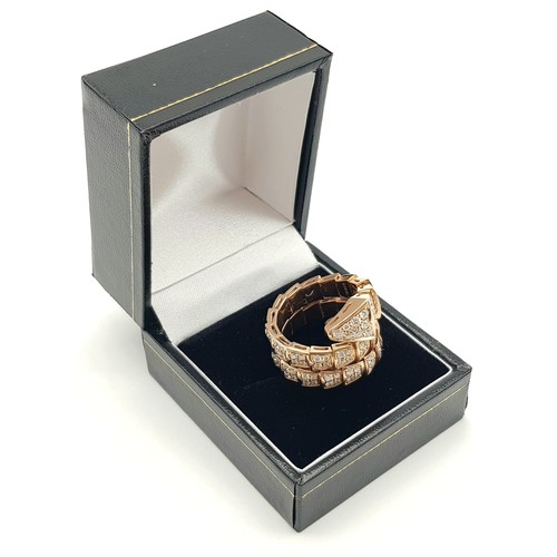 687 - Bvlgari Serpenti Viper Two-Coil Ring. 18k Rose Gold, Set with full pave diamonds. Approx. 3ct brilli... 