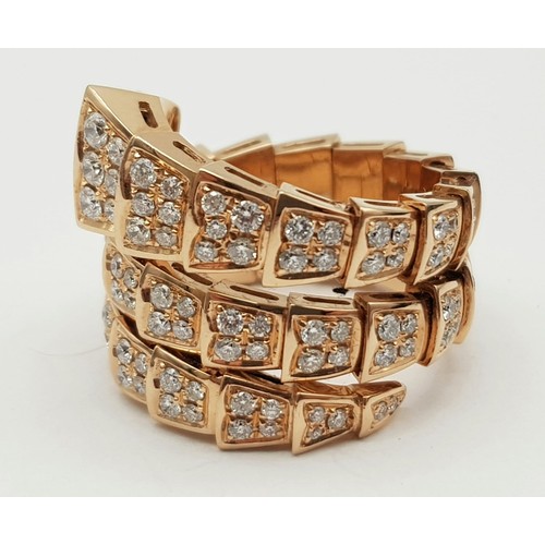 687 - Bvlgari Serpenti Viper Two-Coil Ring. 18k Rose Gold, Set with full pave diamonds. Approx. 3ct brilli... 