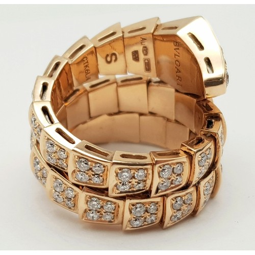 687 - Bvlgari Serpenti Viper Two-Coil Ring. 18k Rose Gold, Set with full pave diamonds. Approx. 3ct brilli... 