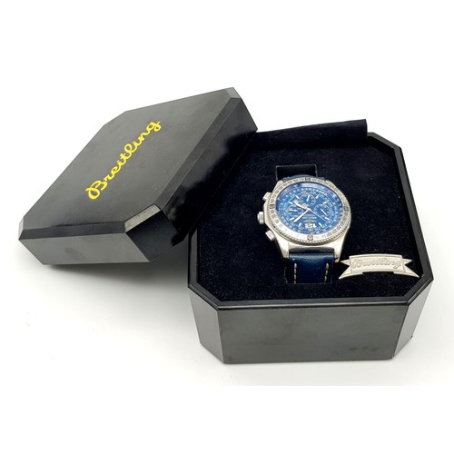 82 - A BREITLING AUTOMATIC CHRONOMETER WITH DATE BOX AND 3 SUBDIALS AND UNUSUAL BLUE DIAL, COMES IN ORIGI... 