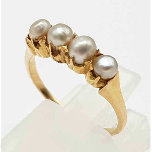 697 - 18k yellow gold pearl ring. 2.4g, size K.