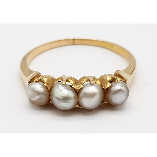 697 - 18k yellow gold pearl ring. 2.4g, size K.