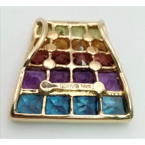 787 - A wonderful, BROWNS designed, 14 K yellow gold, rainbow coloured pendant with gems: topaz, amethyst,... 