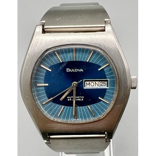 840 - A VINTAGE BULOVA AUTOMATIC WATCH WITH THE DISTINCTIVE BLUE FACE  A/F