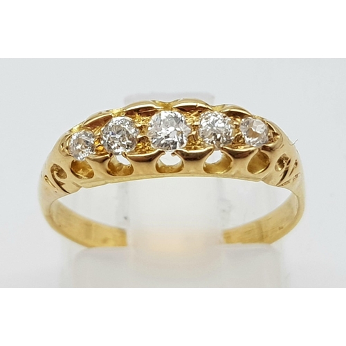 180 - An Antique High Karat Five Diamond Ring. Five bright white, round-cut graduating stones. Size L. 2.5... 