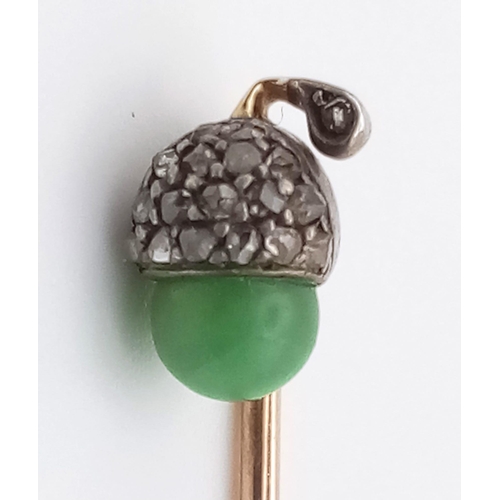 383 - An Exquisite Victorian High Karat Gold, Silver, Jade and Diamond Stick-Pin. 5cm. 1.51g total weight.