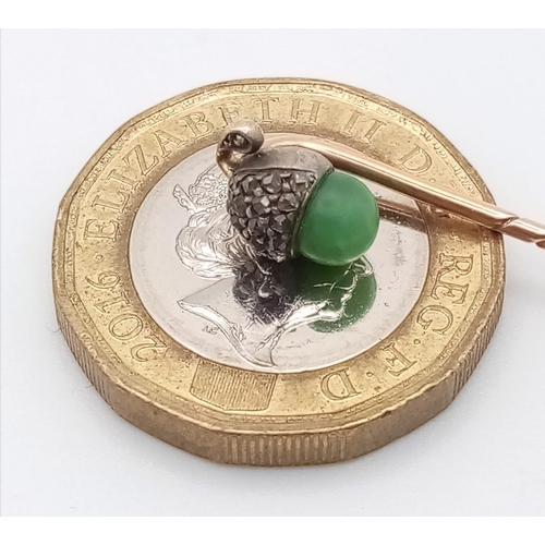 383 - An Exquisite Victorian High Karat Gold, Silver, Jade and Diamond Stick-Pin. 5cm. 1.51g total weight.