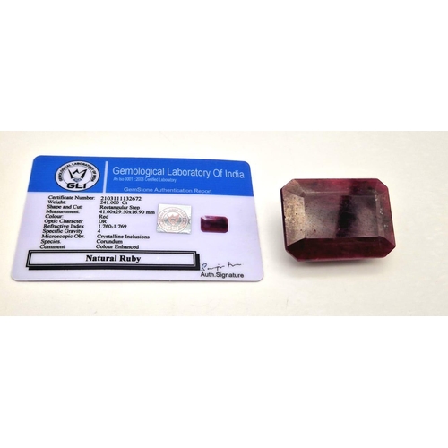 1135 - A 241ct Rectangular Step-Cut  Ruby Gemstone. Crystalline inclusions and Colour enhanced. GLI Certifi... 