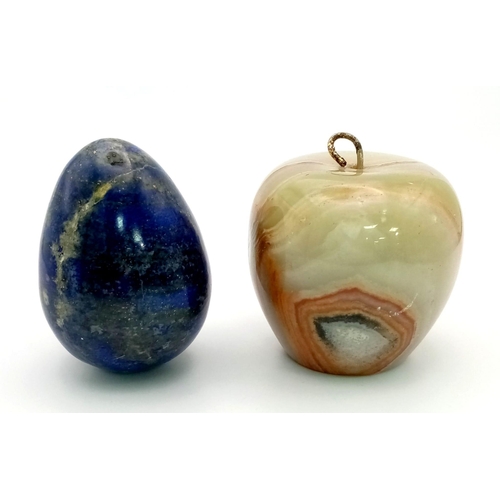 1121 - An Agate Apple - 203g. Dim-1.60 x 1.50 in and a Lapis Lazulis Egg -131g. Dim- 1.70 x 1.50inches.