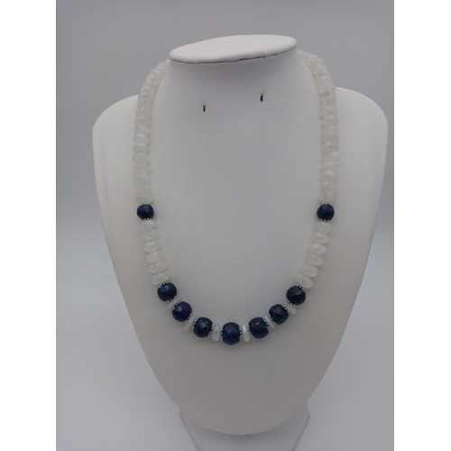 1065 - A 310ct Moonstone Single Strand Necklace with Blue Sapphire Beads, Sapphire Clasp, 925 Silver, 8mm-1... 