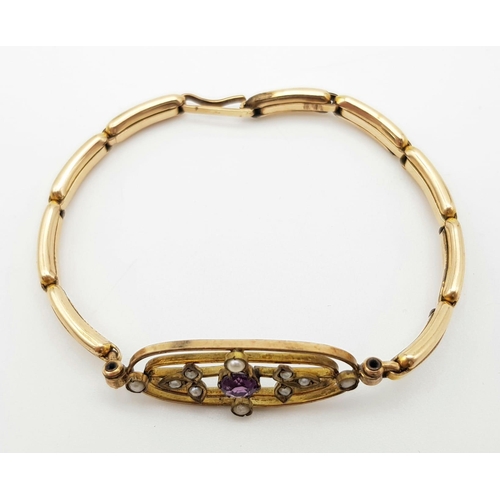 1174 - A Victorian Pearl and Amethyst Rose Gold (tested - high grade)  Expanding Bracelet. 7.4g total weigh... 