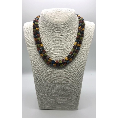 1168 - A Vintage Multicolour Agate Triangular Bead Two-Row Necklace. 40- 44cm.