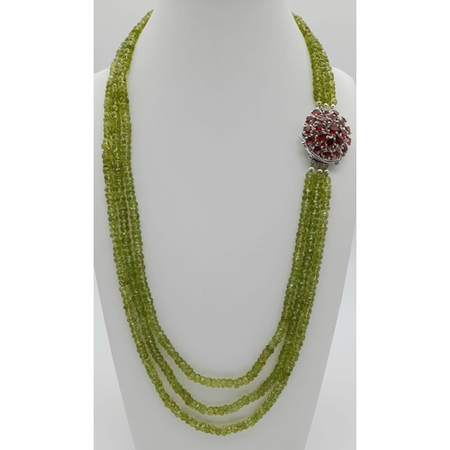 1132 - 3 Row Peridot Gemstone Necklace with Garnet Clasp in 925 Silver, 440cts in total , Comes on side as ... 