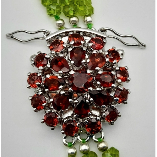 1132 - 3 Row Peridot Gemstone Necklace with Garnet Clasp in 925 Silver, 440cts in total , Comes on side as ... 