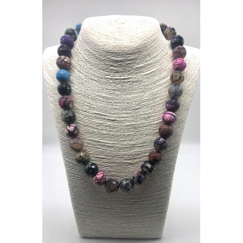 965 - A Multi-Coloured Dragons Vein Large Agate Bead Necklace. 12mm beads. 44cm necklace length.