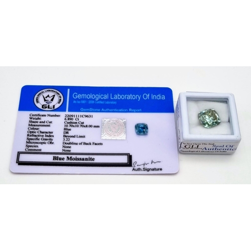 1466 - A 6.890ct Cushion cut blue Moissanite - with certificate.