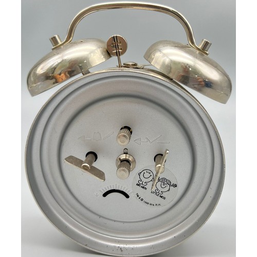 1416 - A MR MEN VINTAGE DOUBLE BELL ALRM CLOCK FEATURING MR LAZY. HEIGHT 14CM. IN WORKING ORDER.