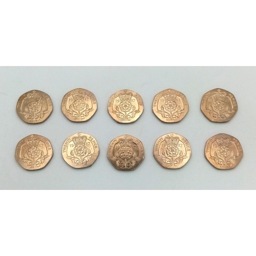 1200 - Ten Uncirculated 1987 20p British Coins.