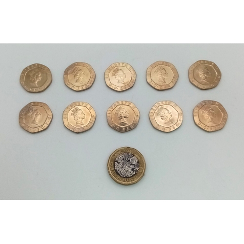 1200 - Ten Uncirculated 1987 20p British Coins.