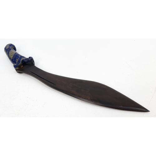 127 - An antique, commemorative, bronze GURKHA KUKRI with a hand carved lapis lazuli hilt on a custom made... 