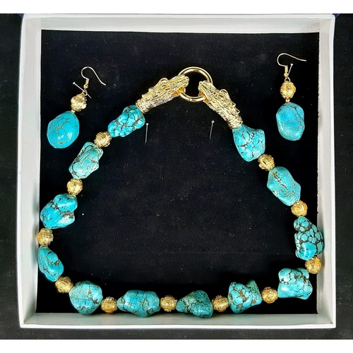 183 - A glorious Chinese necklace and earrings set with turquoise nuggets and an 18 K yellow gold filled c... 