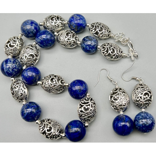 225 - An Ethnic, Indian silver and large beaded (18 mm) lapis lazuli necklace and earrings set. Necklace l... 