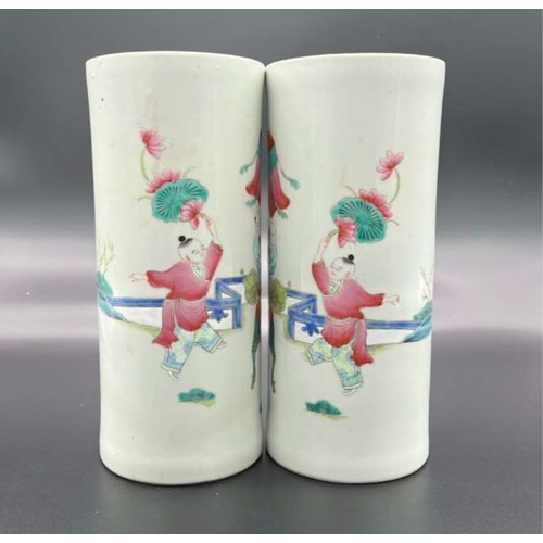 1436 - A Pair of Qing Dynasty Famille (Qian Long Period) Hand-Painted Porcelain Hat Stands. Markings on bas... 