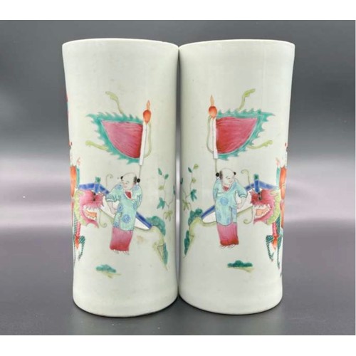 1436 - A Pair of Qing Dynasty Famille (Qian Long Period) Hand-Painted Porcelain Hat Stands. Markings on bas... 