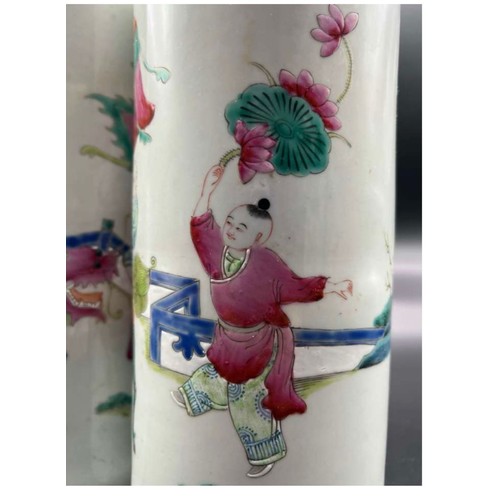 1436 - A Pair of Qing Dynasty Famille (Qian Long Period) Hand-Painted Porcelain Hat Stands. Markings on bas... 