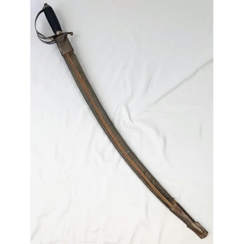 1429 - Vintage or Older Curved Blade Cavalry Sword with Detailed Blade and Material Covered Scabbard 94cm l... 