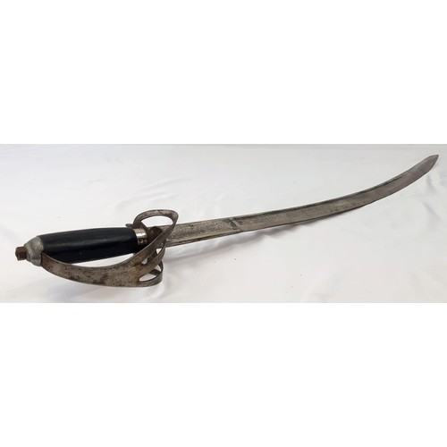 1429 - Vintage or Older Curved Blade Cavalry Sword with Detailed Blade and Material Covered Scabbard 94cm l... 