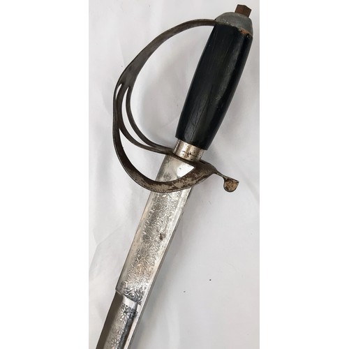 1429 - Vintage or Older Curved Blade Cavalry Sword with Detailed Blade and Material Covered Scabbard 94cm l... 