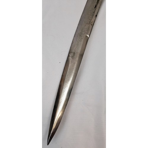 1429 - Vintage or Older Curved Blade Cavalry Sword with Detailed Blade and Material Covered Scabbard 94cm l... 